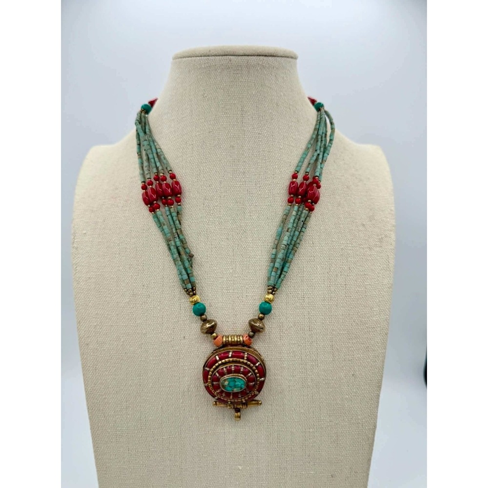Vintage Nepalese Brass Ghau Amulet Necklace Mosaic Turquoise Red Coral 20in